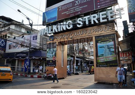 PATTAYA THAILAND - 20 NOV 2016: Unidentified people on a Walking Street in Pattaya. Walking Street road is a favorite tourist attraction. Night Place famous tourists visited Thailand.