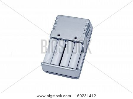 Rechargeable battery in a charger isolated on white