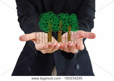 growth green with white background ,trees on hands,focus on hands and tress and blurred background