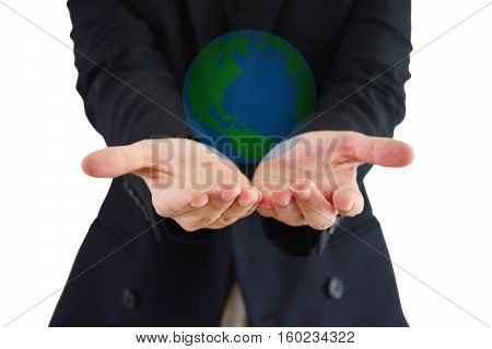 Earth on our hands with white background ,focus on hands and blurred background