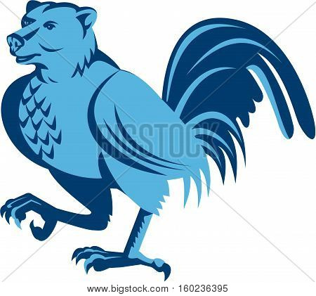 Illustration of a half bear half chicken hybrid marching looking to the side set on isolated white background done in retro style.