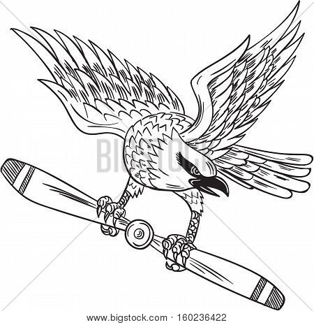 Drawing sketch style illustration of a shrike a carnivorous passerine bird of the family Laniidae clutching propeller blade looking to the side viewed from front set on isolated white background.