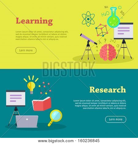 Research and learning web banners. Laboratory template of flyear. Learning infographic concept background. Scientific research, science lab, science test, technology illustration in flat.