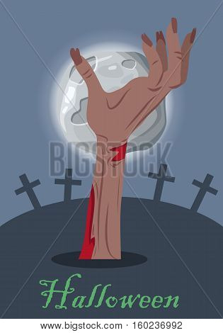Halloween mystical concept. Zombie hand sticking out from the ground on cemetery the night of the full moon flat vector illustration. Human limb appear from the grave. Undead monsters arises to world