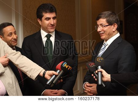 ISTANBUL - MARCH 30: The Press conference Kurdish Democrat Party Vice President Nacirvan Barzani and Foreign Minister Ahmet Davutoglu on March 30, 2010 in Istanbul.