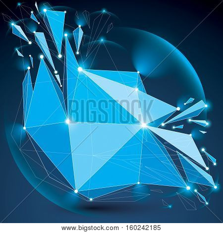Vector dimensional wireframe blue object with radiance circles spherical demolished shape with particles and wreckage. 3d black lines mesh element broken into pieces. Digital technology art.