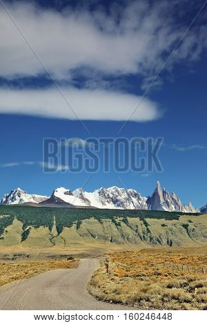 The magnificent mountain range - Mount Fitzroy in Patagonia, Argentina. Summer sunny noon