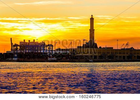 The Lanterna of Genoa at sunset the lighthouse of the port and the symbol of this Italian city