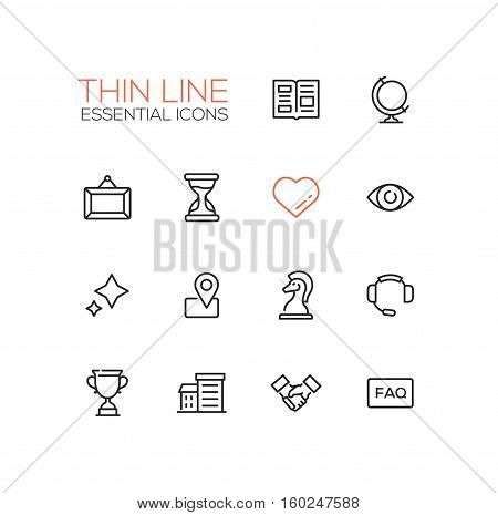 Business Essential - modern vector simple thin line design icons and pictograms set. Newspaper, globe, picture, hourglass, heart, eye, stars, location, chess piece, headset, cup building handshake faq