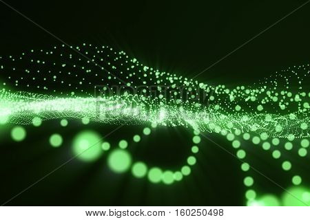 3d rendering green abstract digital wave form on dark background, connecting dots and lines, with light rays