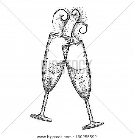 Vector illustration with two dotted clink champagne glass or flute in black isolated on white background. Champagne glass and swirls in dotwork style for restaurant and celebration design.