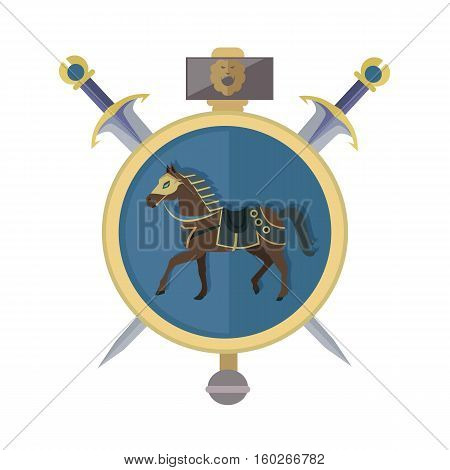 Brown horse in gold circle. Isolated avatar icon with swords. Steady strong horse. Stylized fantasy character. War concept. Part of series of game objects in flat design. Vector illustration.