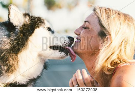 Husky kissing his lovely owner. Concept about animals