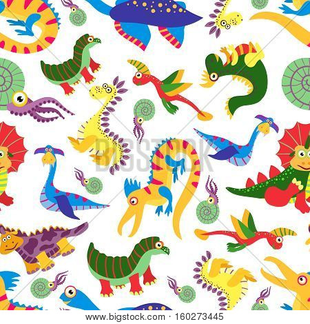 Cute baby dinosaurus pattern. Dinosaur cartoon jurassic predator vector. Children background with colored dinosaurs illustration