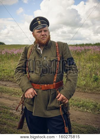 POKROVSKOE SVERDLOVSK OBLAST RUSSIA - JULY 17 2016: Historical reenactment of Russian Civil war in the Urals in 1919.