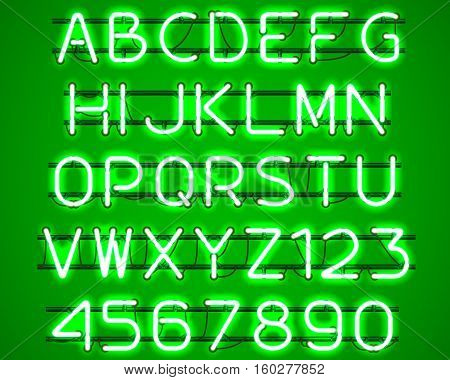 Glowing Green Neon Alphabet with letters from A to Z and digits from 0 to 9 with wires tubes brackets and holders. Shining and glowing neon effect. Vector illustration.