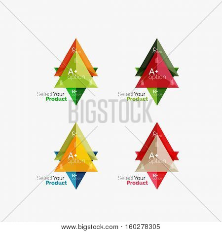 Set of triangle option infographic layouts. Select your product concept, make a choice idea