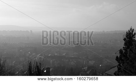The fog and the town, black and white