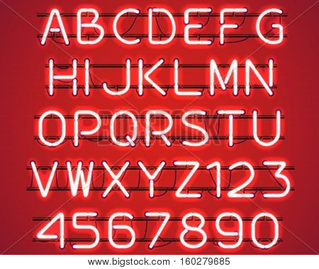 Glowing Red Neon Alphabet with letters from A to Z and digits from 0 to 9 with wires tubes brackets and holders. Shining and glowing neon effect. Vector illustration.