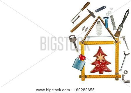 Christmas in the new house. Building a house. Mortgage on the building. Parts and tools for builders. Isolated on white.