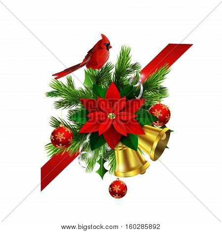 Christmas corner decoration with evergreen treess holly and pinecone and poinsettia and golden bells isolated cardinal bird