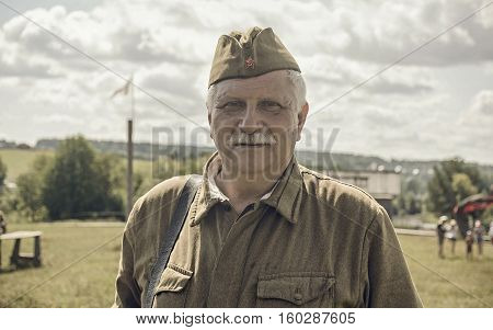 PERM RUSSIA - JULY 30 2016: Historical reenactment of World War II summer 1942. Soviet soldier
