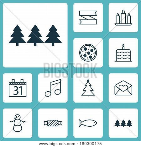 Set Of 12 New Year Icons. Can Be Used For Web, Mobile, UI And Infographic Design. Includes Elements Such As Candle, Blank, Note And More.