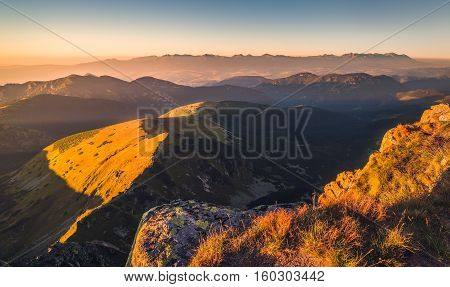 Mountain Landscape at Sunset. View from Mount Dumbier in Low Tatras Slovakia. West and High Tatras Mountains in Background.