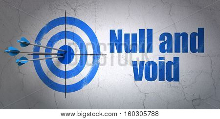 Success law concept: arrows hitting the center of target, Blue Null And Void on wall background, 3D rendering