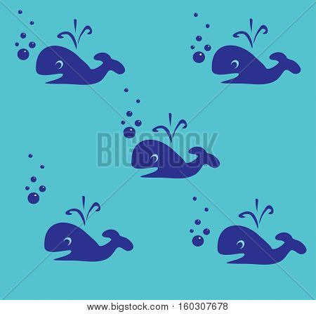 Happy violet whale on blue with bubbles, pattern, vector,