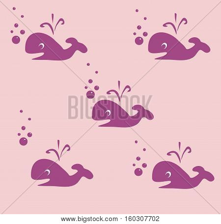 Happy pink whale with bubbles, pattern, vector,