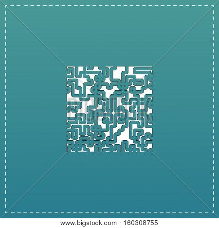 Labyrinth Puzzle rebus. White flat icon with black stroke on blue background