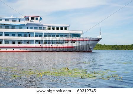 Passenger river ship on the Svir River. Karelia, Russia. Focus on the foreground
