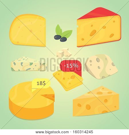 Set of fresh cheese isolated flat style illustration