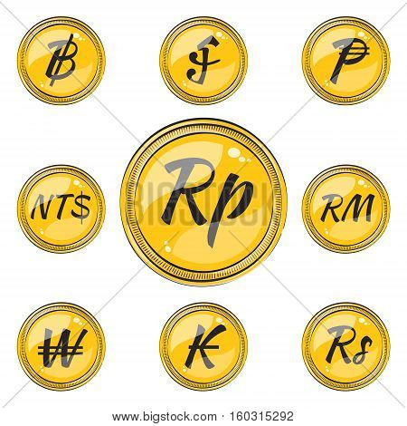 Set of Coins with Symbols of 9 Currencies. Flat Style Icons. Vector EPS 10