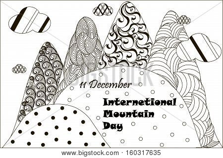 Black and white banner 11 December International Mountain day, hand drawn zentangle, stock vector illustration