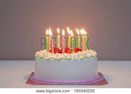 white happy biirthday cake with the candles