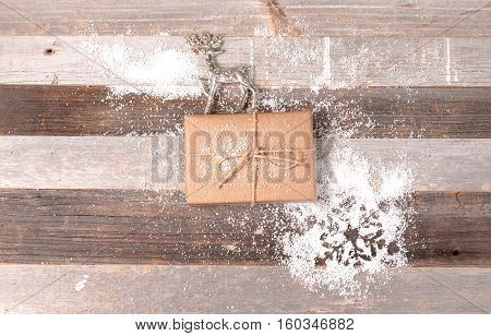 Christmas decoration gift box on wooden background