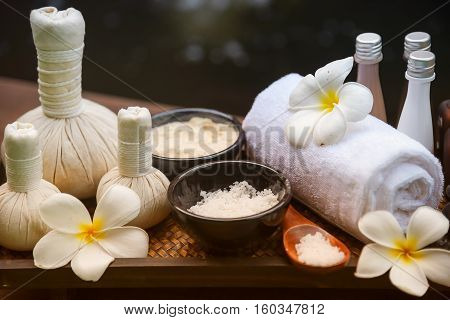 Spa Massage Compress Balls, Herbal Ball On The Wooden With Treaments Spa , Thailand, Soft And Select