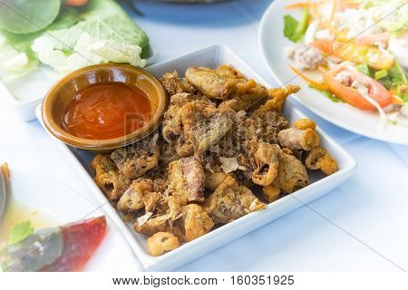 Chitterlings Fried Garlic On White Table, Thai Style