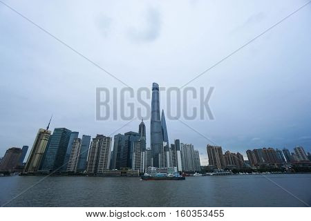 scenery of Shanghai World Financial Tower and Oriental Pearl Tower from opposite side of river taken in Shanghai on 16 November 2016
