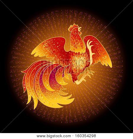 2017, the Year of the Fire Rooster in Chinese Horoscope. Red and gold colors, symbol of new year. Fire element. Hand drawn sketchy cartoon clip-art, vector illustration