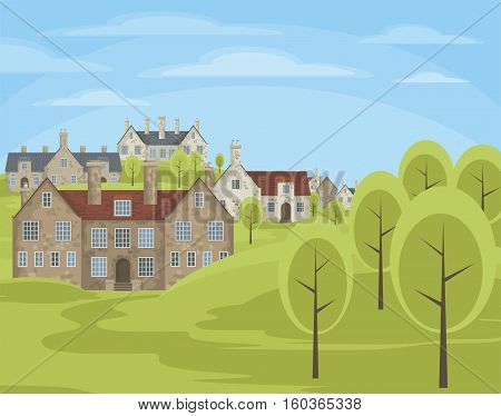 Image of small English villages with old stone houses. Townscape. Vector illustration.