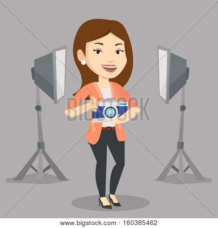 Caucasian female photographer holding a camera in photo studio. Photographer using professional camera in the studio. Young photographer taking a photo. Vector flat design illustration. Square layout.