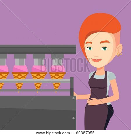 Caucasian worker of ice cream manufacture. Worker of factory producing ice-cream. Young confectioner working on automatic production line of ice cream. Vector flat design illustration. Square layout.