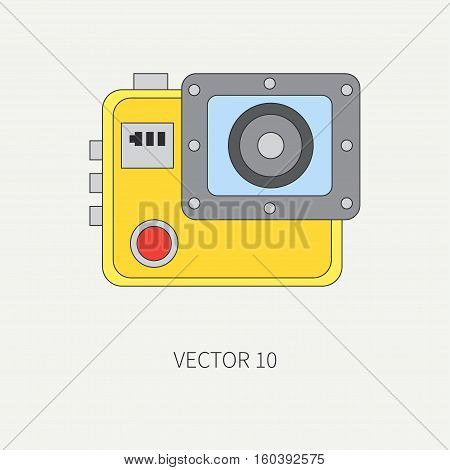 Line flat vector icon with digital action camera. Photography and art. Megapixel photocamera. Cartoon style. Illustration , element for your design. Photographic lens. Simple. Creativity. Shock-proof.