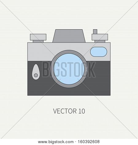 Line flat vector icon with retro analog film cameras. Photography and art. Reflex 35mm photocamera. Cartoon style. Illustration, element for your design. Photographic lens. Simple. Color. Shoot. Lens.