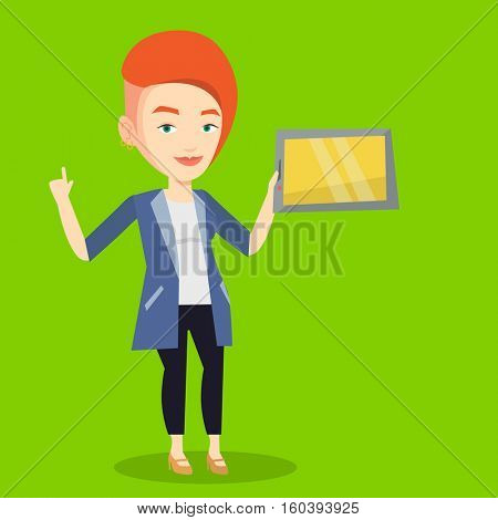 Student using a tablet computer for education. Caucasian student holding tablet computer and pointing forefinger up. Concept of educational technology. Vector flat design illustration. Square layout.