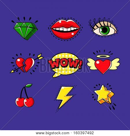 Pop Art Classic Bright Design Elements For Clothing Print And Stickers Set Of Cartoon Icons. Mtv Generation Imagery And Comics Symbols Collection Of Vector Primitive Outlined Drawings.