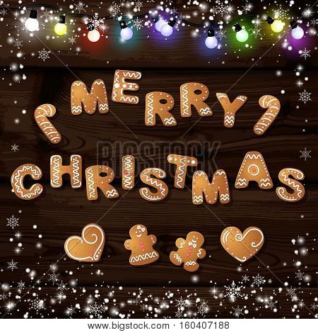 Merry Hristmas greeting card vith Hrirstmas decor gingerbread man page, cookies, lights, a wooden background, snow, snowflakes, vector illyustration.